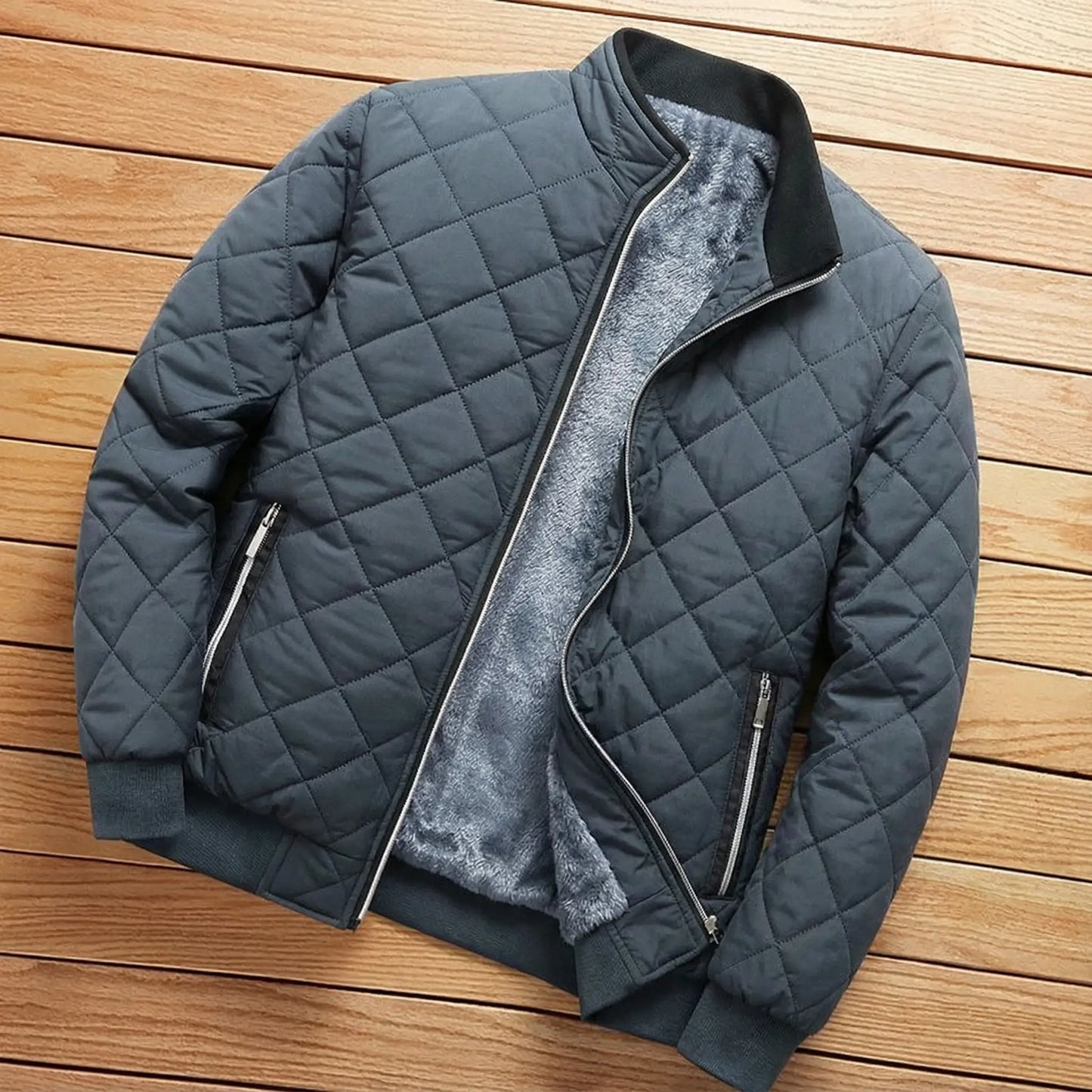 Men’s Bomber Jacket with Diamond Pattern – Fleece Lined | Slim Fit | Autumn–Winter Outerwear