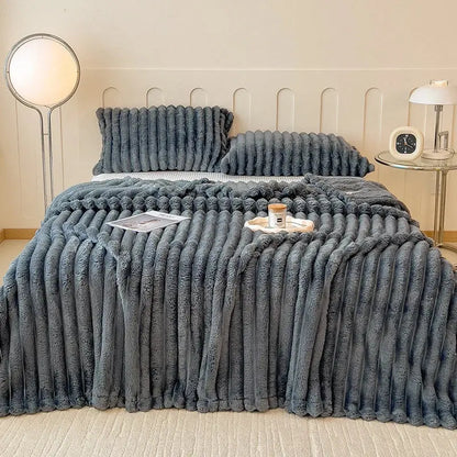 Plush-Faux Striped Fleece Winter Blanket