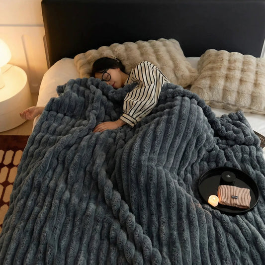 Plush-Faux Striped Fleece Winter Blanket